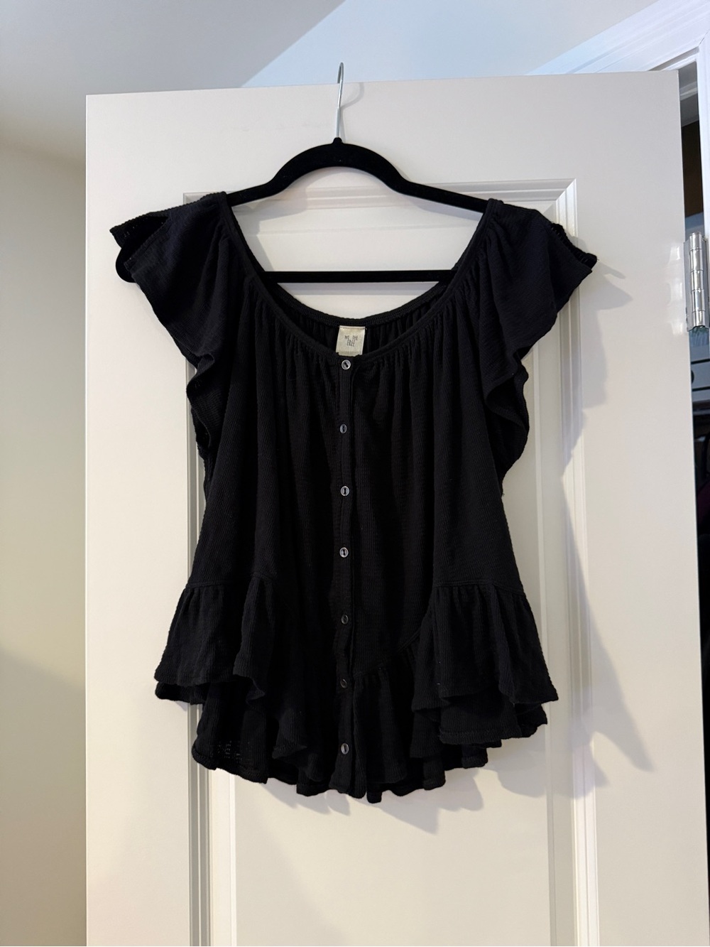 Black Ruffle Button-Front Women's Top